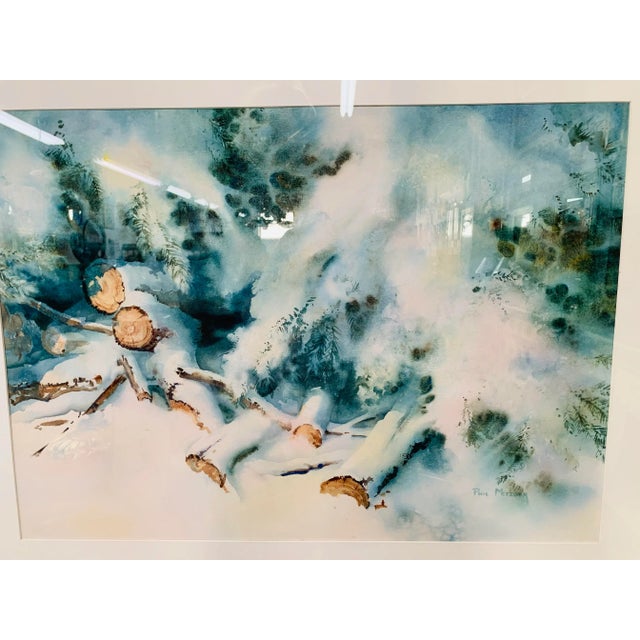This fine watercolor by artist and educator Phil Metzger (American 20th century) depicts a snowy winter scene in white,...