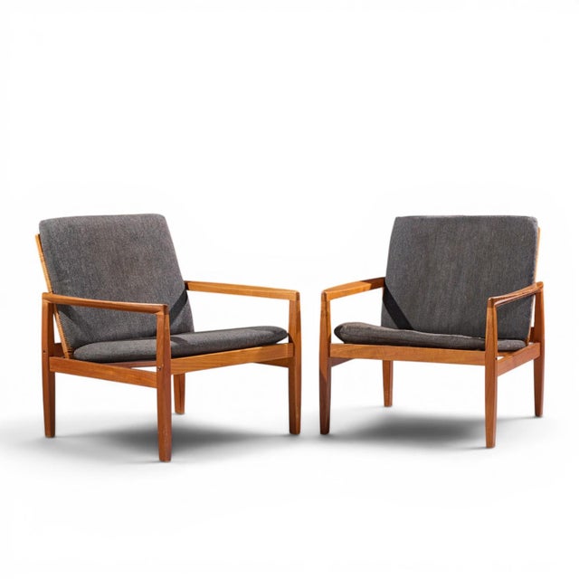 Hans Olsen for Juul Kristensen Model 519 Mid Century Danish Teak and Cane Chairs - Pair Each chair measures: 27.5 wide x...