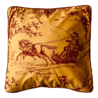 Toile De Jouy Throw Pillow Cover, Hivers Pattern, Red and Gold, 20-Inch Square For Sale