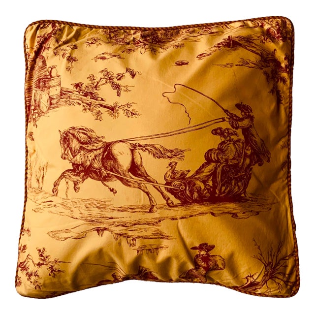Toile De Jouy Throw Pillow Cover, Hivers Pattern, Red and Gold, 20-Inch Square For Sale