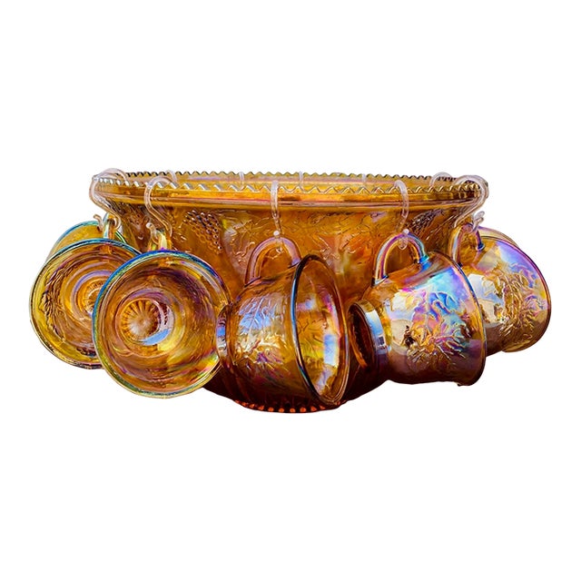 Mid Century Carnival Glass Punch Bowl Set- 25 Pieces For Sale