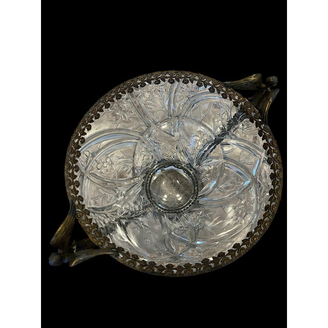 Beautiful Antique Art Nouveau Clear Cut Glass Bowl Winged Angels Brass Footed C. 1915 For Sale - Image 12 of 12
