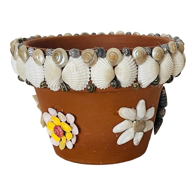 Vintage Terracota Flower Pot Encrusted With Sea Shells For Sale