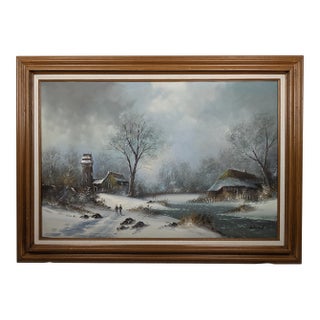 Mid 20th Century Large Signed H. Wood Original Oil Painting of European Winter Village Landscape – Framed For Sale
