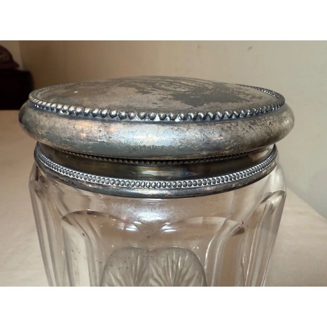 Silver Large Antique Hand Monogrammed Silver-Plate Crystal Glass Tobacco Jar Humidor For Sale - Image 8 of 9