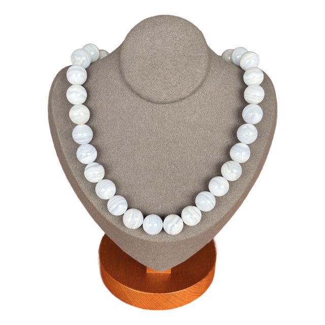 Mid Century Blue Lace Agate Beaded Necklace For Sale