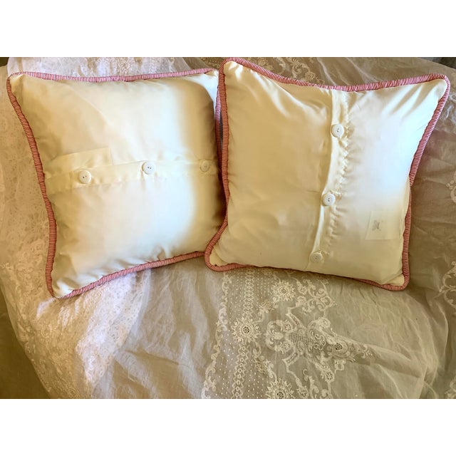 Vintage Pair of Pink & White Rose Hand-Embroidered Decorative Pillows For Sale - Image 11 of 12