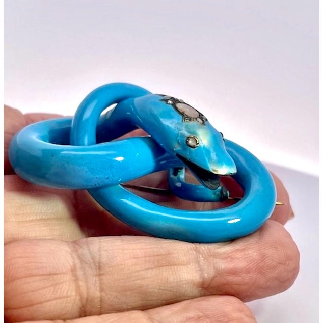 Antique Circa 1890 Enamel Diamond Snake Brooch, 38.4g Gold, Blue For Sale In Los Angeles - Image 6 of 9