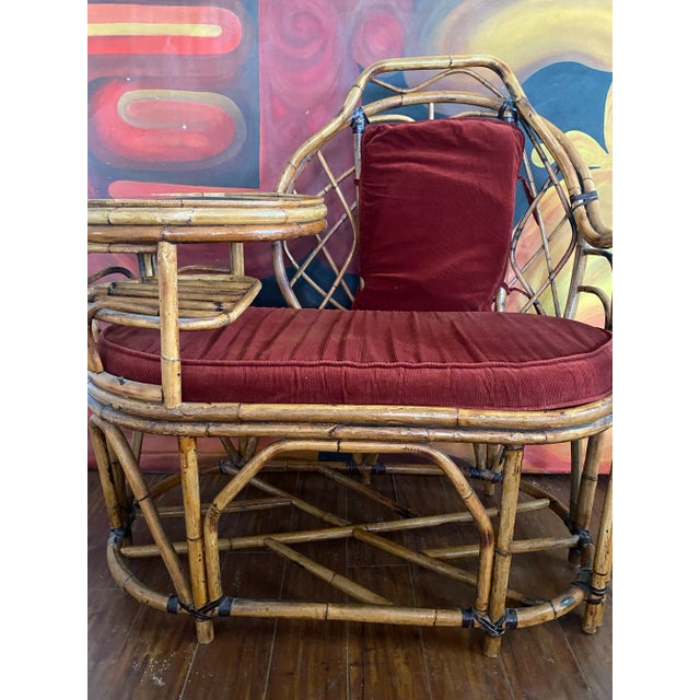 Contemporary Vintage Boho Chic Bamboo Gossip Bench With Original Seat and Back Cushions, Original Glass Top on Table. In Immaculate Condition. For Sale - Image 3 of 10