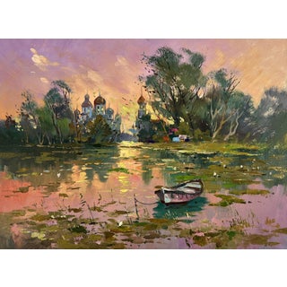 Oil Painting Abandoned Boat on the River Yuriy Suprunchuk For Sale