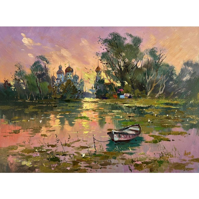 Oil Painting Abandoned Boat on the River Yuriy Suprunchuk For Sale