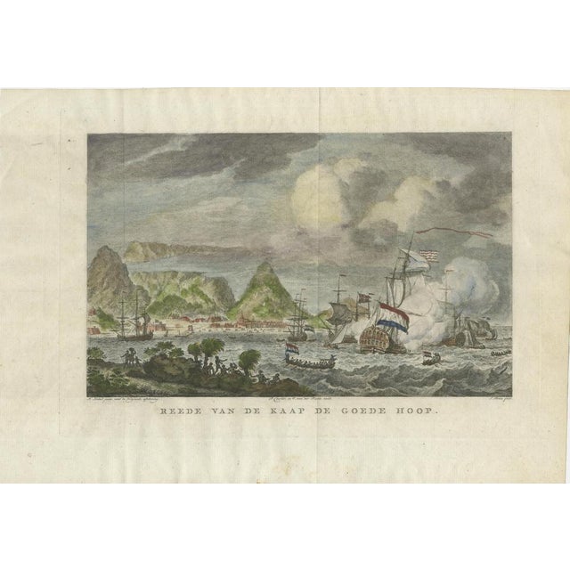 Cape of good hope & table bay – dutch ships at anchor, 1777 engraving antique print titled 'reede van de kaap de goede...