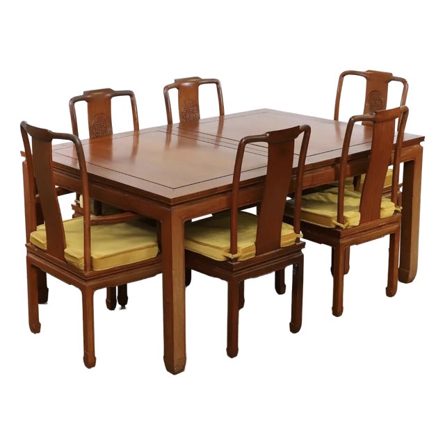 Mid 20th Century George Zee & Co. Anglo-Chinese Teak Extendable Dining Table & 8 Horseshoe Back Chairs - Set of 9 For Sale