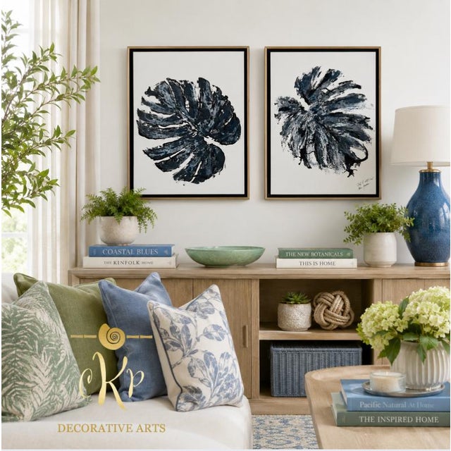 Paint Blue Monstera Duo, Designed by Cheryl P Kohloff, Framed- Set of 2 For Sale - Image 7 of 8