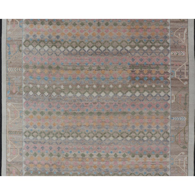 Tribal Turkish Oushak Rug With Geometric Motifs in Soft Pastel and Olive Green For Sale - Image 12 of 15