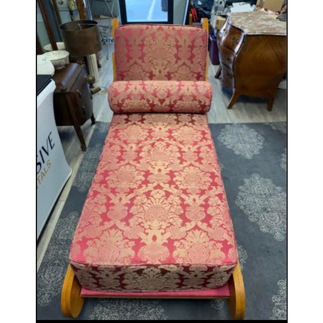 Mid-Century Sculpted Wood Bookshelf Chaise Lounge in Red & Gold Damask For Sale - Image 4 of 12