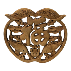 Small Apple Shape Fok Koi Motif Wood Wall Panel Plaque Art