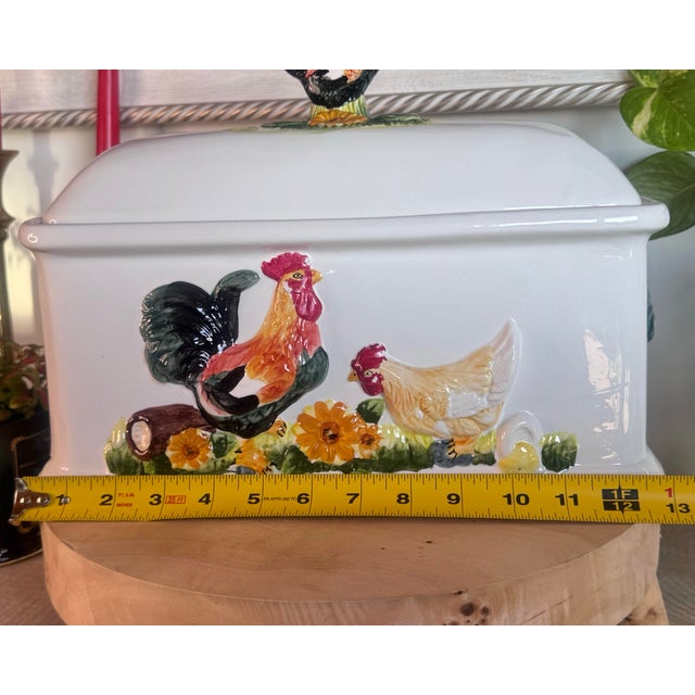 White Vintage KMC 3d Hand Painted Rooster Breadbox With Lid For Sale - Image 8 of 11