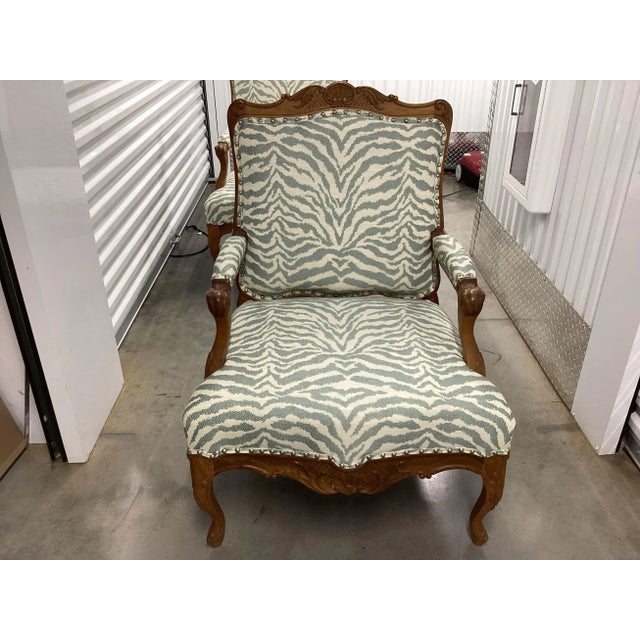 French Walnut Fauteuils Newly Upholstered in Stroheim Animal Print For Sale - Image 13 of 14