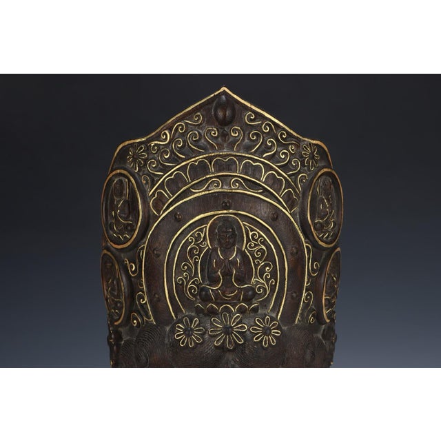 Chocolate Mid 20th Century Hand-Carved Agarwood Guanyin Buddha Head – Gilded & Polychrome Chen Xiang Wood Sculpture For Sale - Image 8 of 8
