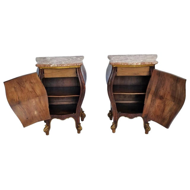 Pair Antique 1900s Italian Bombe Nightstands Marble Tops Burl Walnut With Gilt Wood Accent For Sale - Image 11 of 12