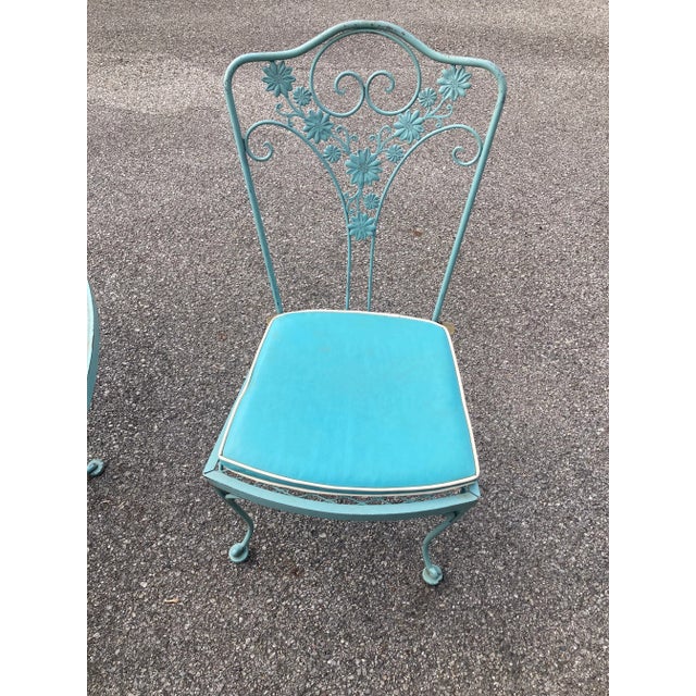 Vintage Woodard Wrought Iron Blue Daisy Patio Table & 4 Chairs For Sale - Image 6 of 12