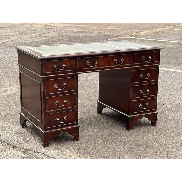 Pedestal Desk in Flame Veneer Mahogany with Green Leather Top For Sale - Image 13 of 13