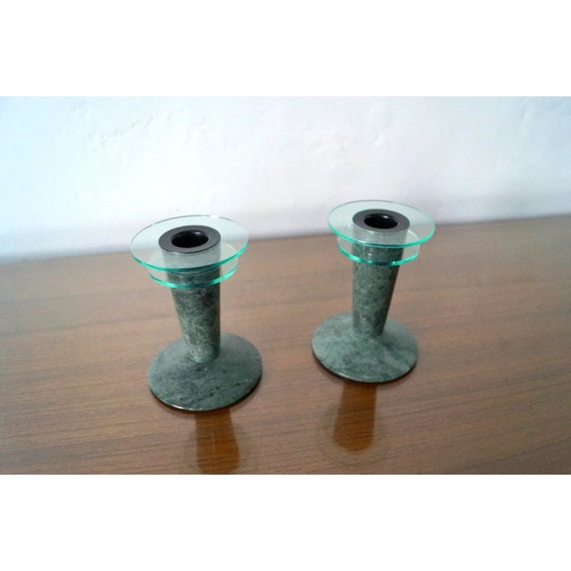 Art Deco 1980’s Post-Modern Memphis Style Marble & Lucite Candleholders - a Pair For Sale - Image 3 of 12