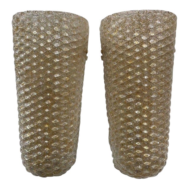 Quilted Murano Glass and Brass Vase Form Sconces - A Pair For Sale
