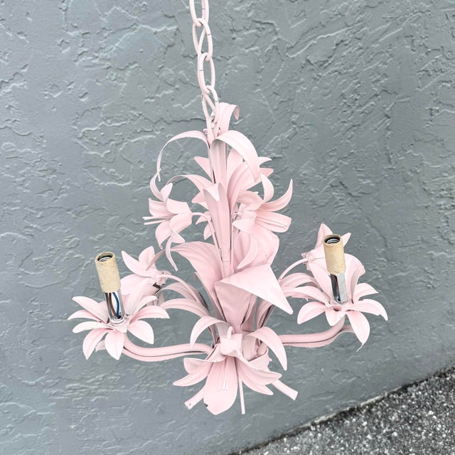 Mid 20th Century Vintage Italian Pink Tole Chandelier/Pendant Lamp For Sale - Image 5 of 8