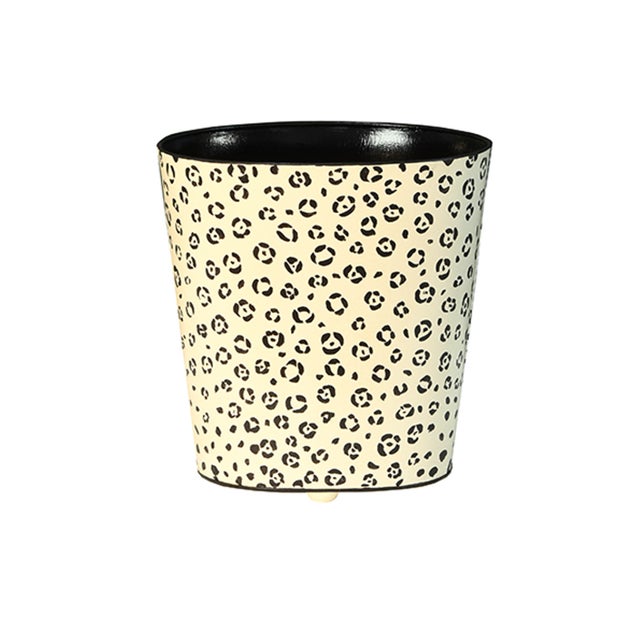 Worlds Away Matthew Izzo Home Wastebasket - Cheetah Handpainted Oval Metal Wastebasket For Sale - Image 4 of 4