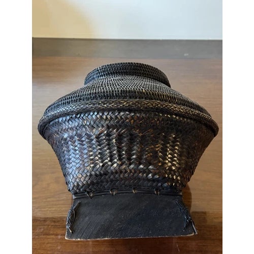 Vintage 17.5" Philippines Ifugao Rattan Woven Lidded Basket on Stand For Sale - Image 10 of 12