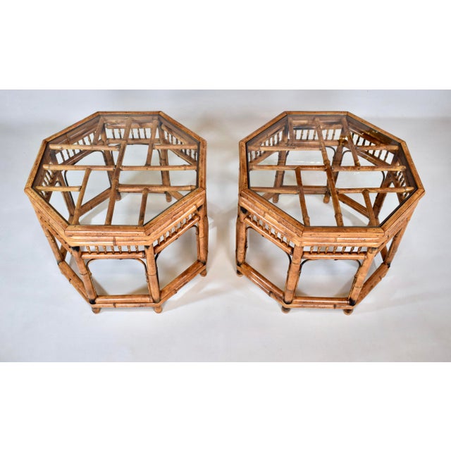 Vintage Brighton Pavilion inspired octagonal side tables with new custom glass inserts, showcasing Chinese Chippendale...