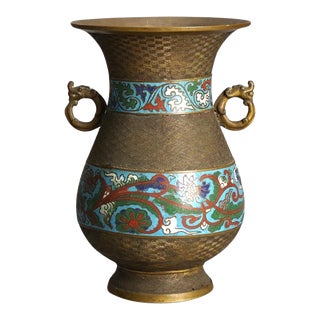 Antique Chinese Bronze Cloisonne Enameled Double Handled Vase, Circa 1910 For Sale