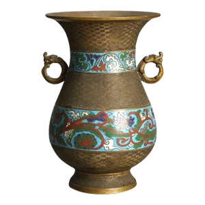Antique Chinese Bronze Cloisonne Enameled Double Handled Vase, Circa 1910