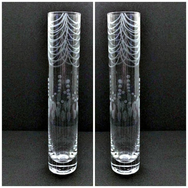 This vintage column vase features a unique art deco inspired etched design with a weighted bottom. Etched swag detail on...