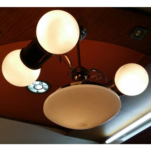 Art Deco 1940s Vintage Art Deco Brass Chandelier in Milk Glass Shade Lamp For Sale - Image 3 of 7