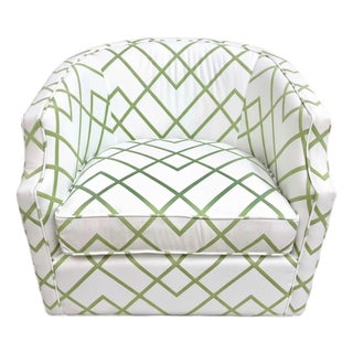Green White Trellis Print Swivel Barrel Accent Chair For Sale
