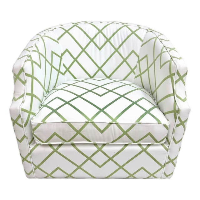 Green White Trellis Print Swivel Barrel Accent Chair For Sale