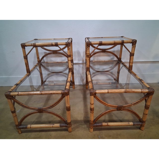 Brown Vintage Pair of Bamboo & Rattan 2 Tiered Glass Top End Tables For Sale - Image 8 of 8