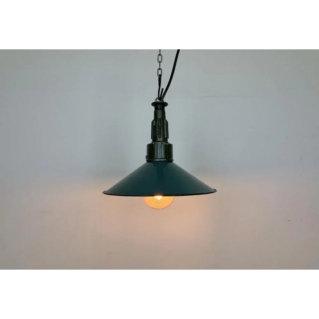 Industrial Petrol Enamel Military Pendant Lamp with Cast Aluminium Top, 1960s For Sale - Image 10 of 12