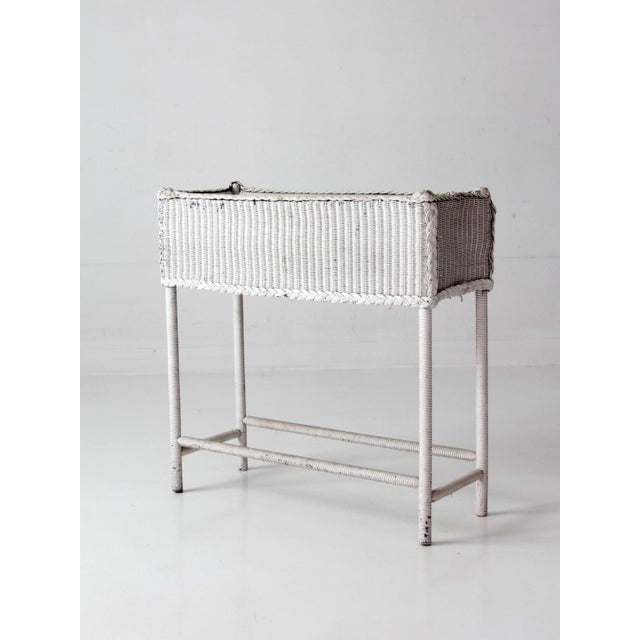 Antique White Wicker Plant Stand With Removable Metal Liner For Sale - Image 4 of 18