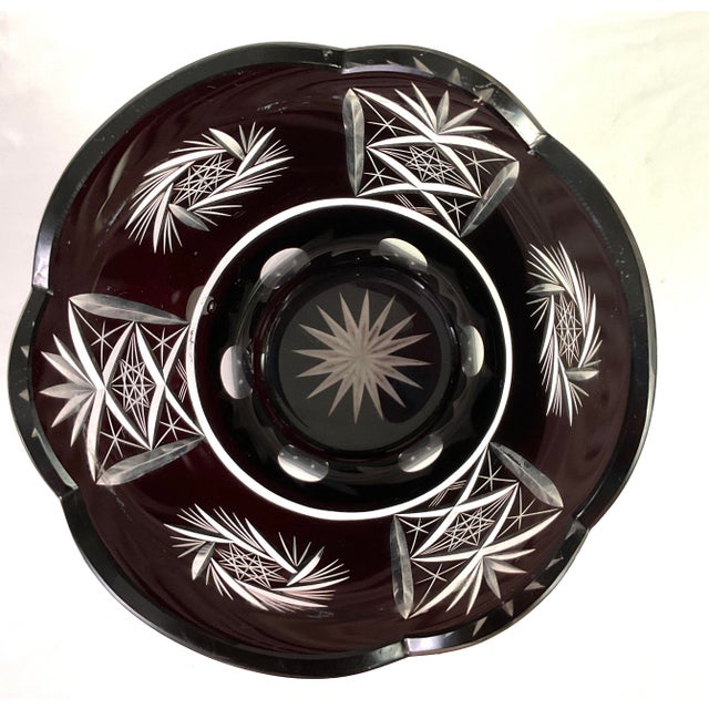 Bohemian-Cased , Ruby Cut to Clear- Crystal Vase With Starbursts and Geometric Cut Patterns Along the Flared Rim For Sale - Image 6 of 8