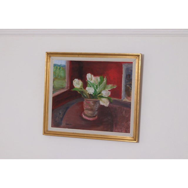 Original Swedish Oil on Canvas – “White Roses” by Aina Schiller, Arvika – Signed & Framed 56 × 66 cm (22" × 26") A...