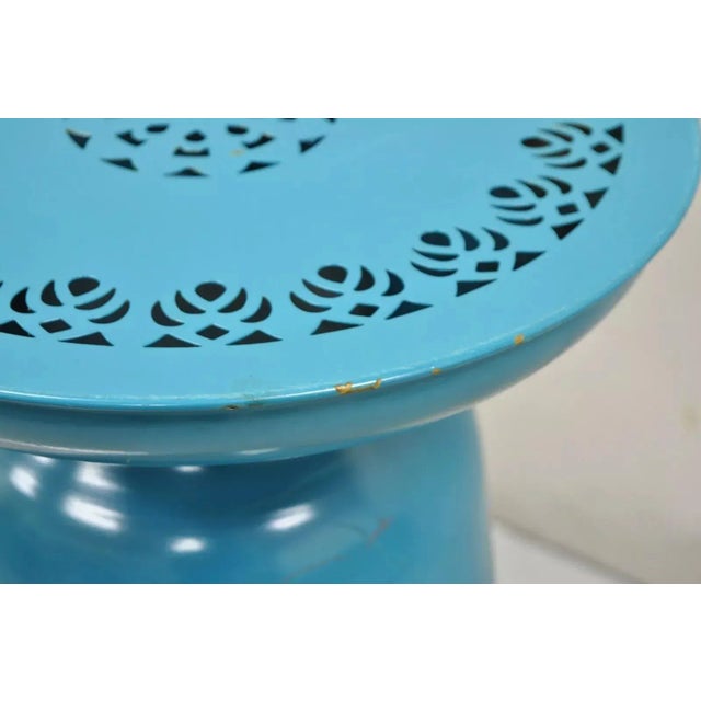 Metal Modern Turquoise Blue Perforated Metal Garden Stool For Sale - Image 7 of 10