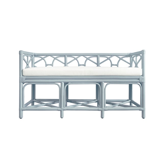 Matthew Izzo Home - Ferguson Light Blue Rattan Bench With Ivory Performance Linen Cushion For Sale - Image 10 of 10