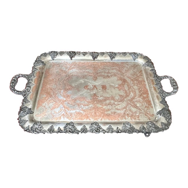1990s English Victorian Silver Plate Over Copper Ornate Serving Tray Monogrammed For Sale
