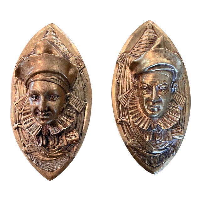 Vintage H. Vankruck Dutch Cast Brass Pierrot Jester Wall Pockets — Pair For Sale
