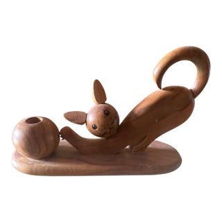 Mid 20th Century Italian Wooden Cat With Ball Pen Holder For Sale