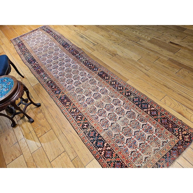 19th Century Persian Bidjar Runner, Hand-Knotted Wool, Allover Paisley Pattern, Ivory & Navy, 3x13 For Sale - Image 14 of 14